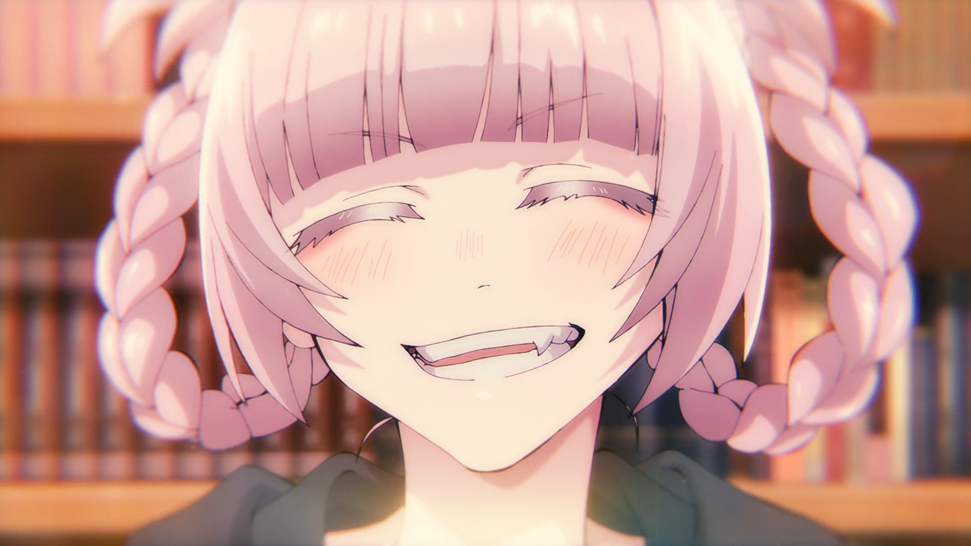 HD anime desktop wallpaper featuring Nazuna Nanakusa from Call of the Night, smiling with braided pink hair in a warmly lit setting.