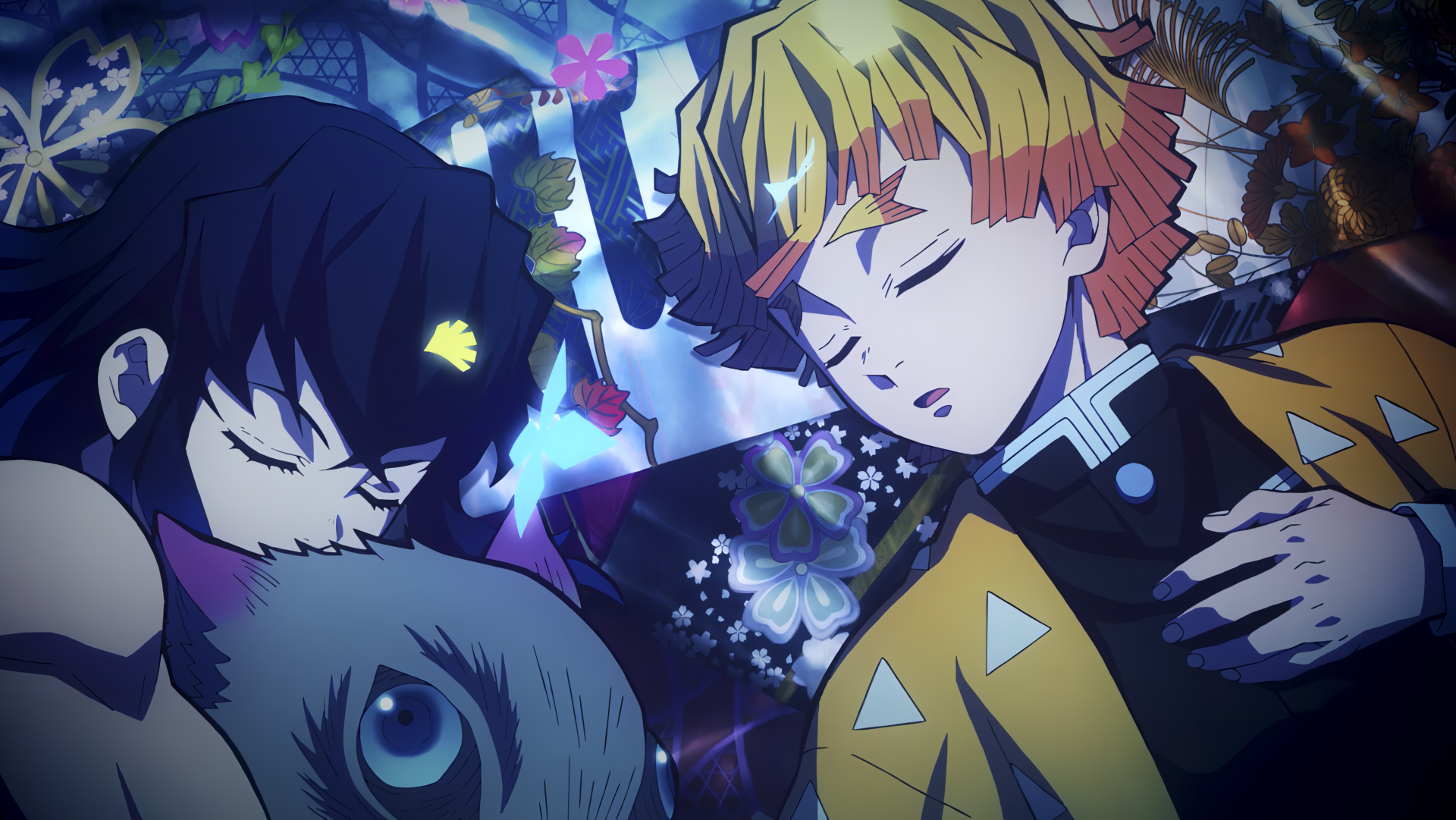 4K Ultra HD anime wallpaper featuring Inosuke Hashibira and Zenitsu Agatsuma from Demon Slayer: Kimetsu no Yaiba in a serene, detailed scene.