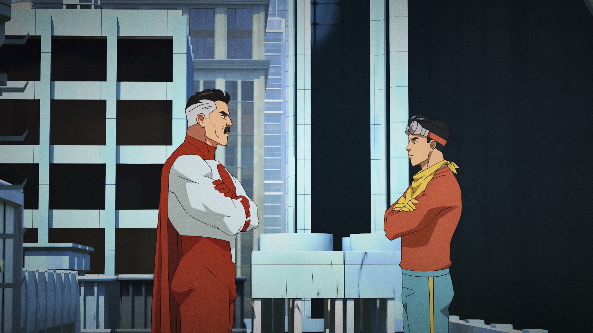 4K Ultra HD wallpaper featuring Nolan Grayson and Mark Grayson from the TV show Invincible standing face-to-face in a cityscape at night.