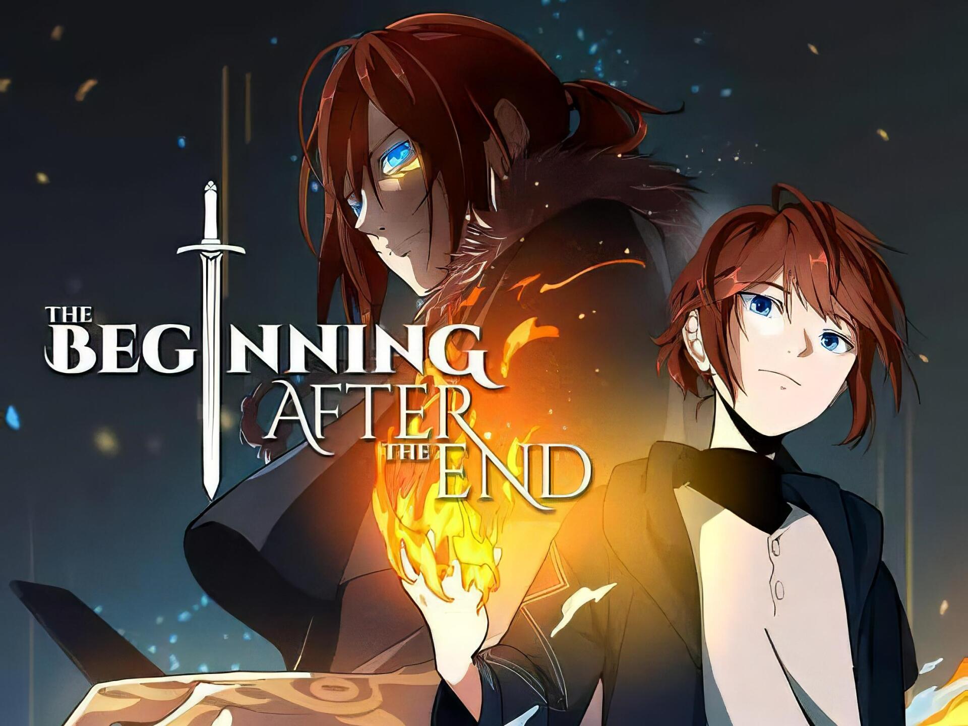 HD anime desktop wallpaper featuring characters from The Beginning After The End with glowing magical effects and a sword, set against a dark, starry background.