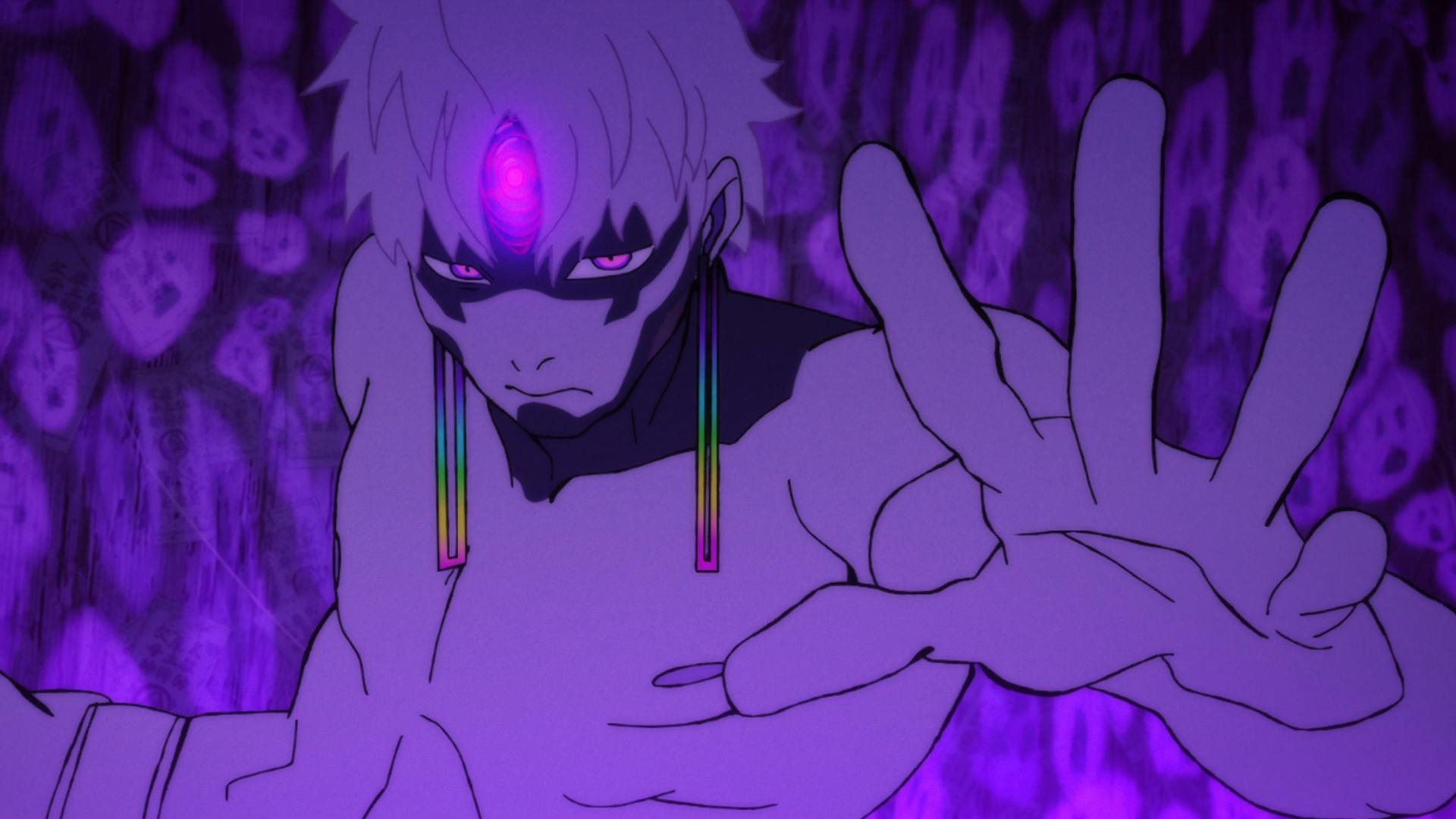 HD PC desktop wallpaper featuring Dandadan's Jin Enjouji with a glowing third eye, purple aura, dark facial markings, long dangling earrings and an outstretched hand.