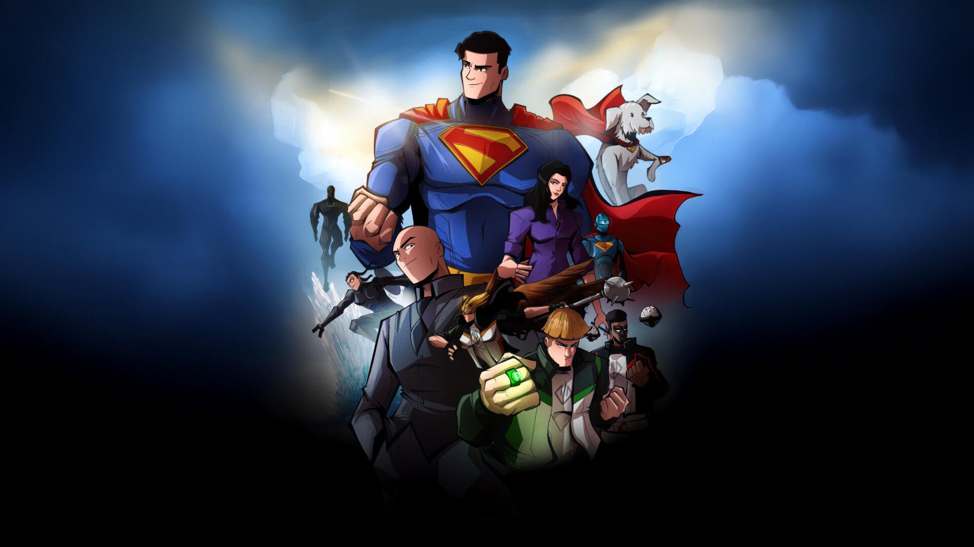 4K Ultra HD PC desktop wallpaper featuring Superman (2025) with a dynamic group of characters in a vibrant, action-packed scene against a glowing blue background.
