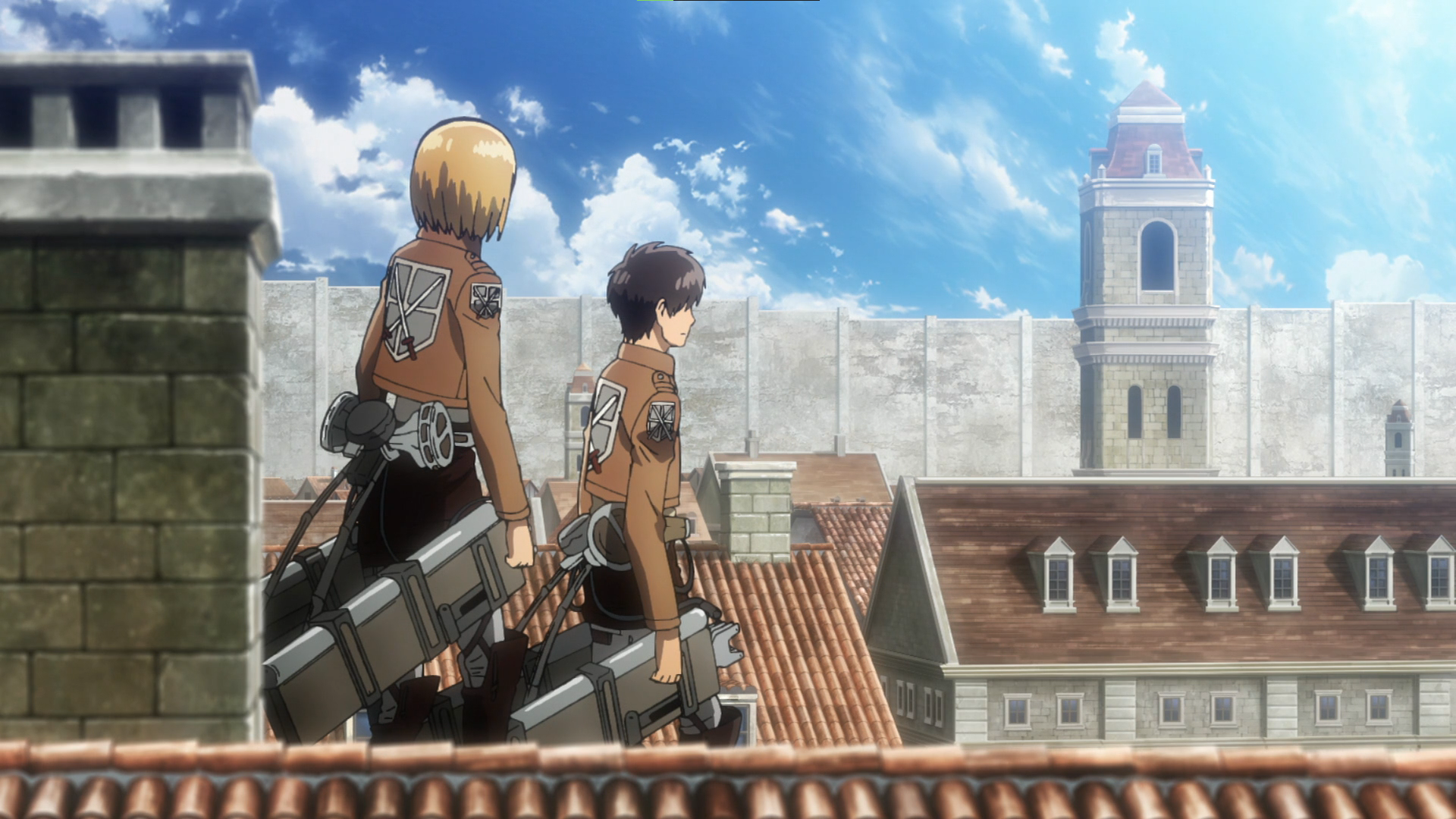 HD anime desktop wallpaper featuring Armin Arlert from Attack on Titan overlooking the city with fellow soldier under a bright blue sky.