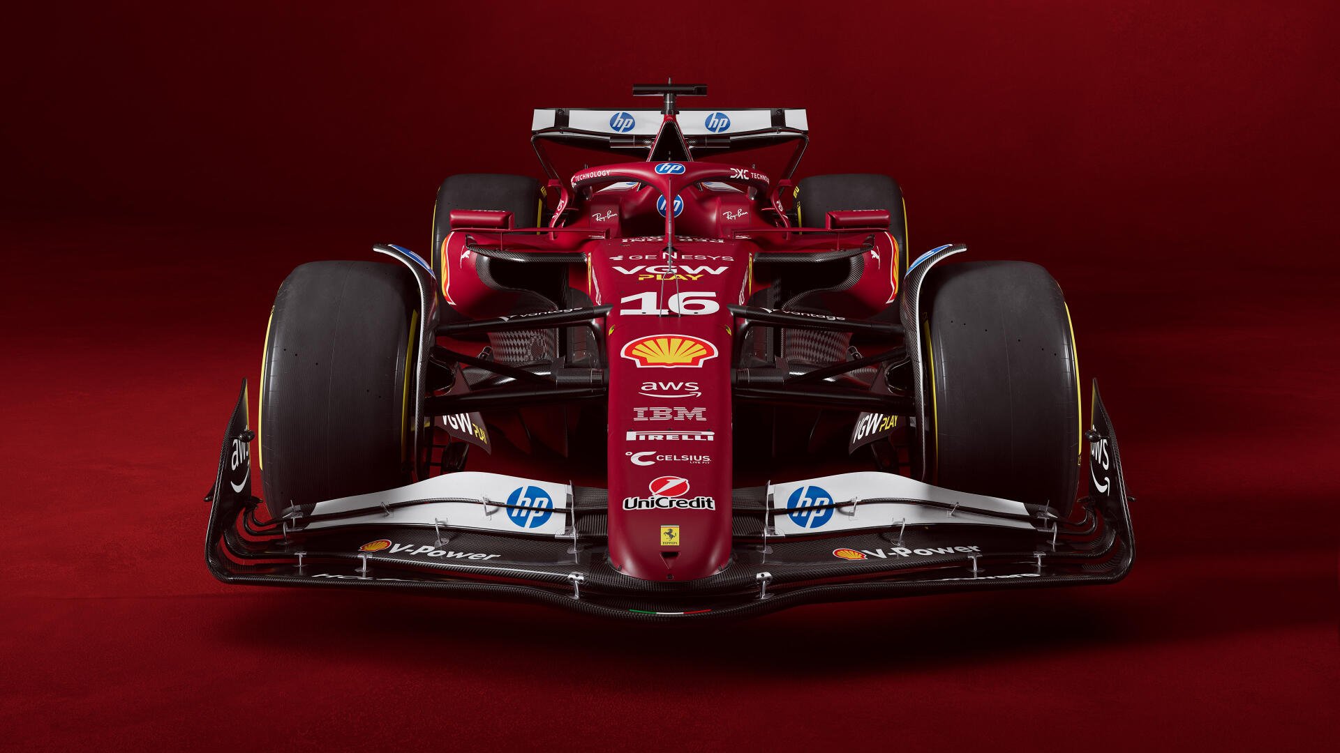 Front view of a red Ferrari SF-25 F1 car, captured in 4K Ultra HD, set against a deep red background.