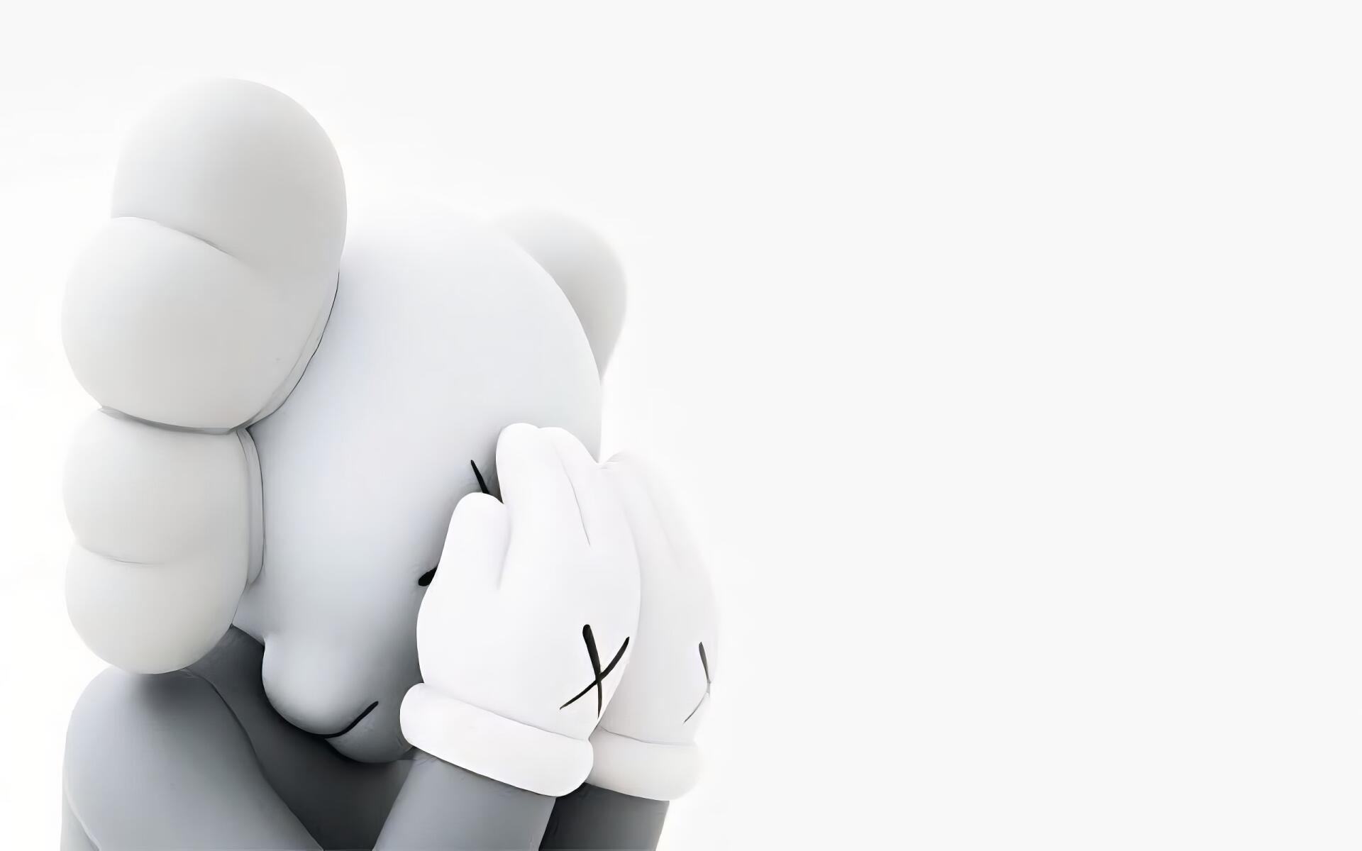 HD PC desktop wallpaper featuring a KAWS-inspired artistic figure with hands covering its face against a minimalist white background.