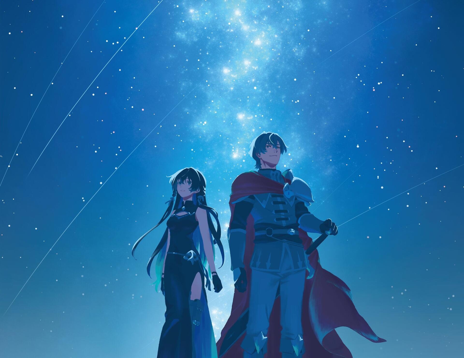 Anime-style HD desktop wallpaper from Unnamed Memory featuring two characters standing under a starry, glowing night sky.