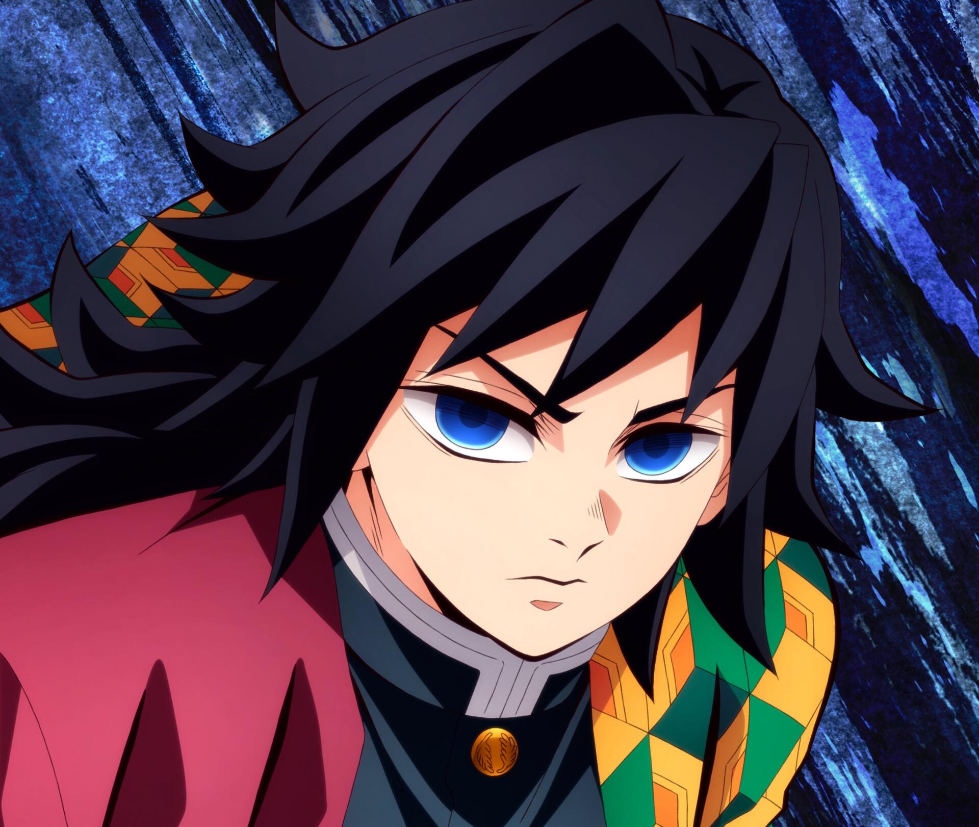 4K Ultra HD anime wallpaper featuring Giyuu Tomioka from Demon Slayer: Kimetsu no Yaiba with intense blue eyes and flowing black hair against a dark textured background.