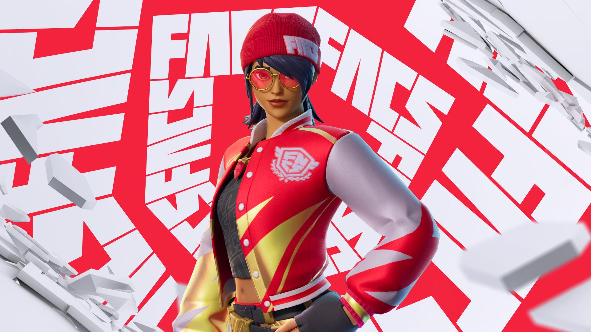 HD PC desktop wallpaper featuring a Fortnite character in a red and white jacket with sunglasses against a bold, graphic background.