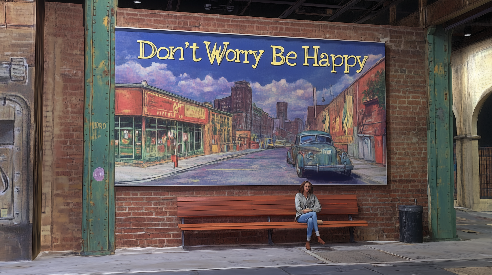 HD PC desktop wallpaper featuring a colorful urban mural with the uplifting message Don't Worry Be Happy against a city street backdrop.