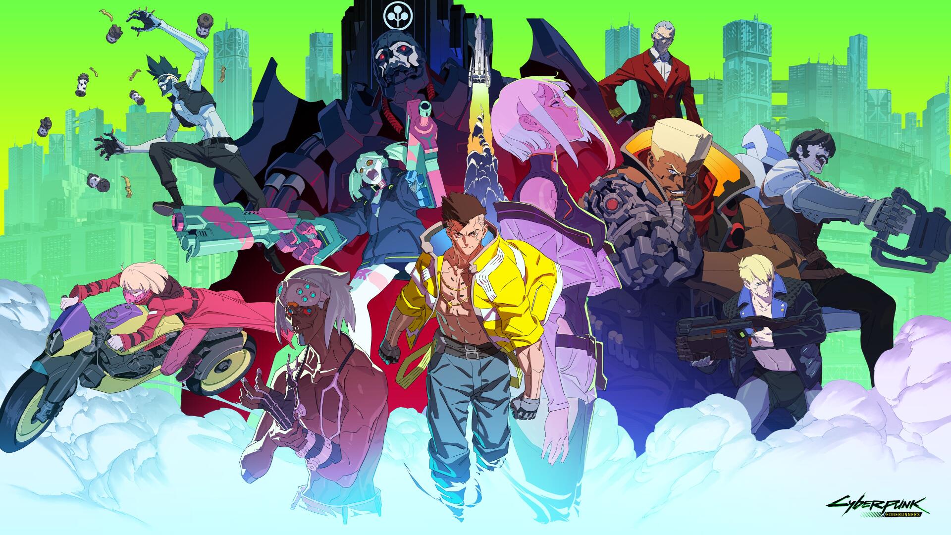 A vibrant 4K Ultra HD PC desktop wallpaper featuring diverse characters from Cyberpunk: Edgerunners against a neon cityscape backdrop.