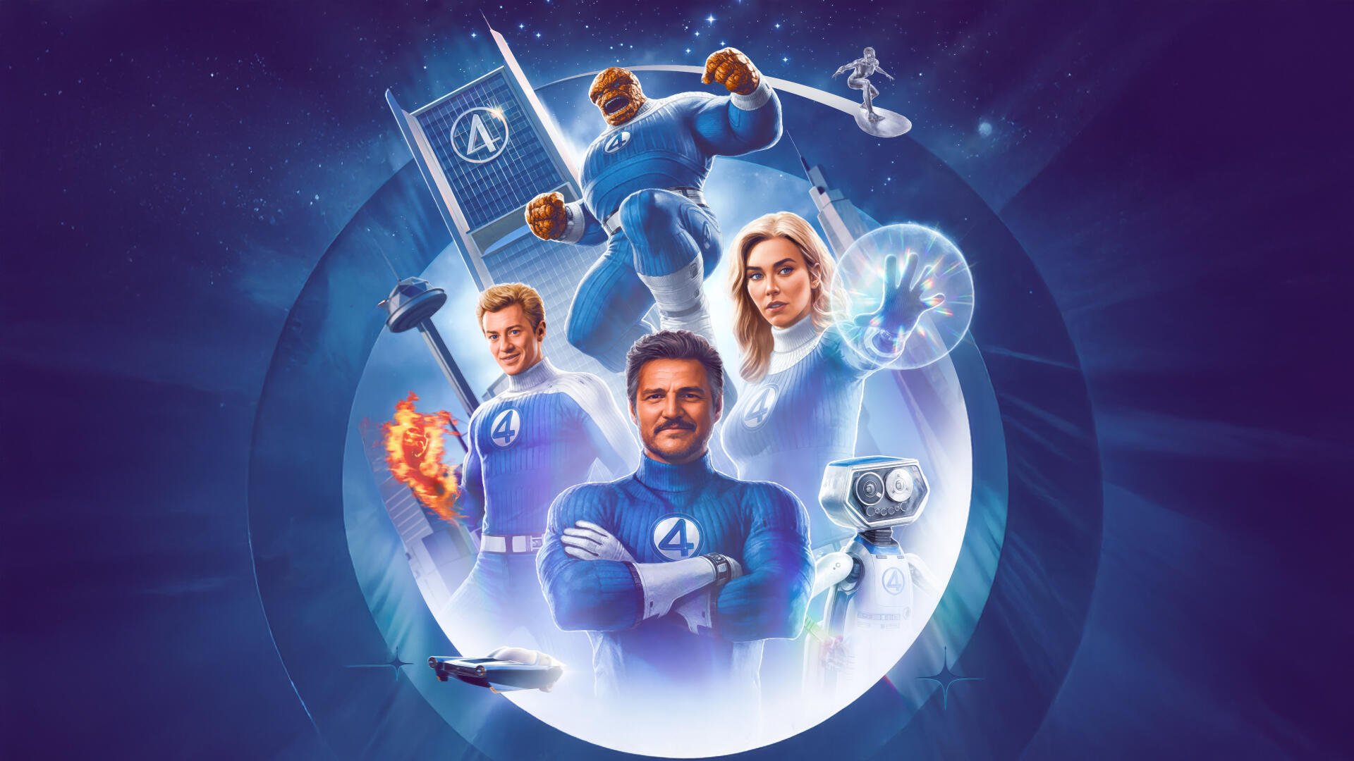 4K Ultra HD PC desktop wallpaper of Fantastic Four (2025) featuring the team in dynamic poses with cosmic and futuristic elements.