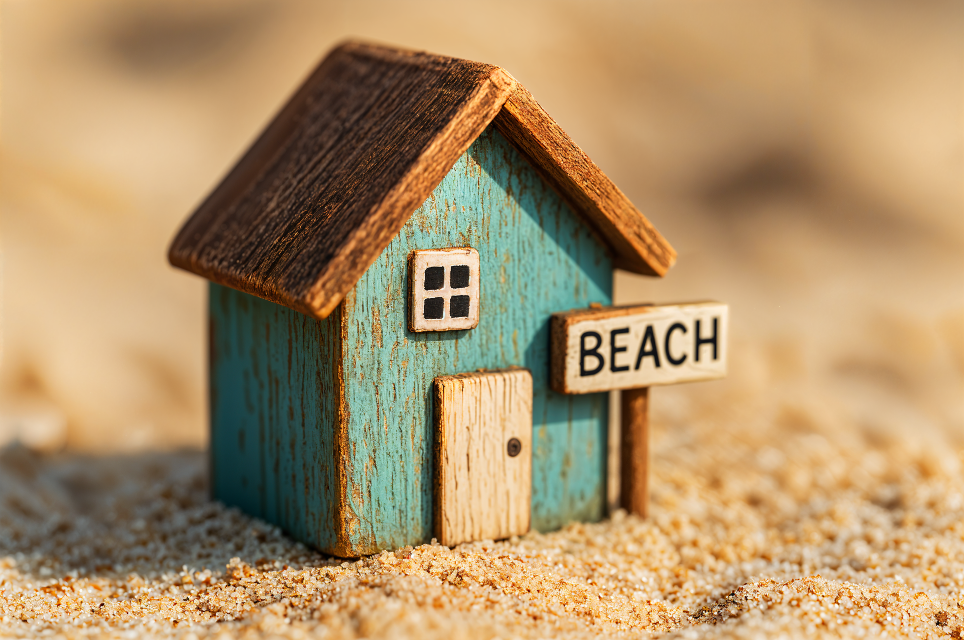A miniature rustic blue beach house with a sign reading BEACH on sandy ground, captured in 4K Ultra HD for PC desktop wallpaper and background.