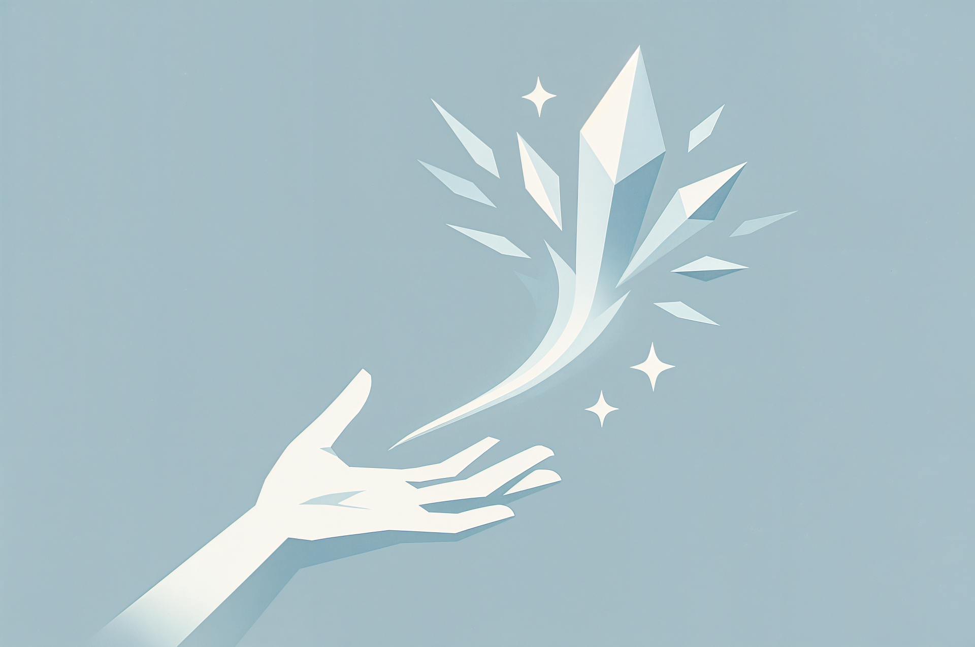 Minimalist 4K Ultra HD desktop wallpaper depicting a stylized hand casting an ice spell with crystal shards and sparkling frost on a cool blue background.