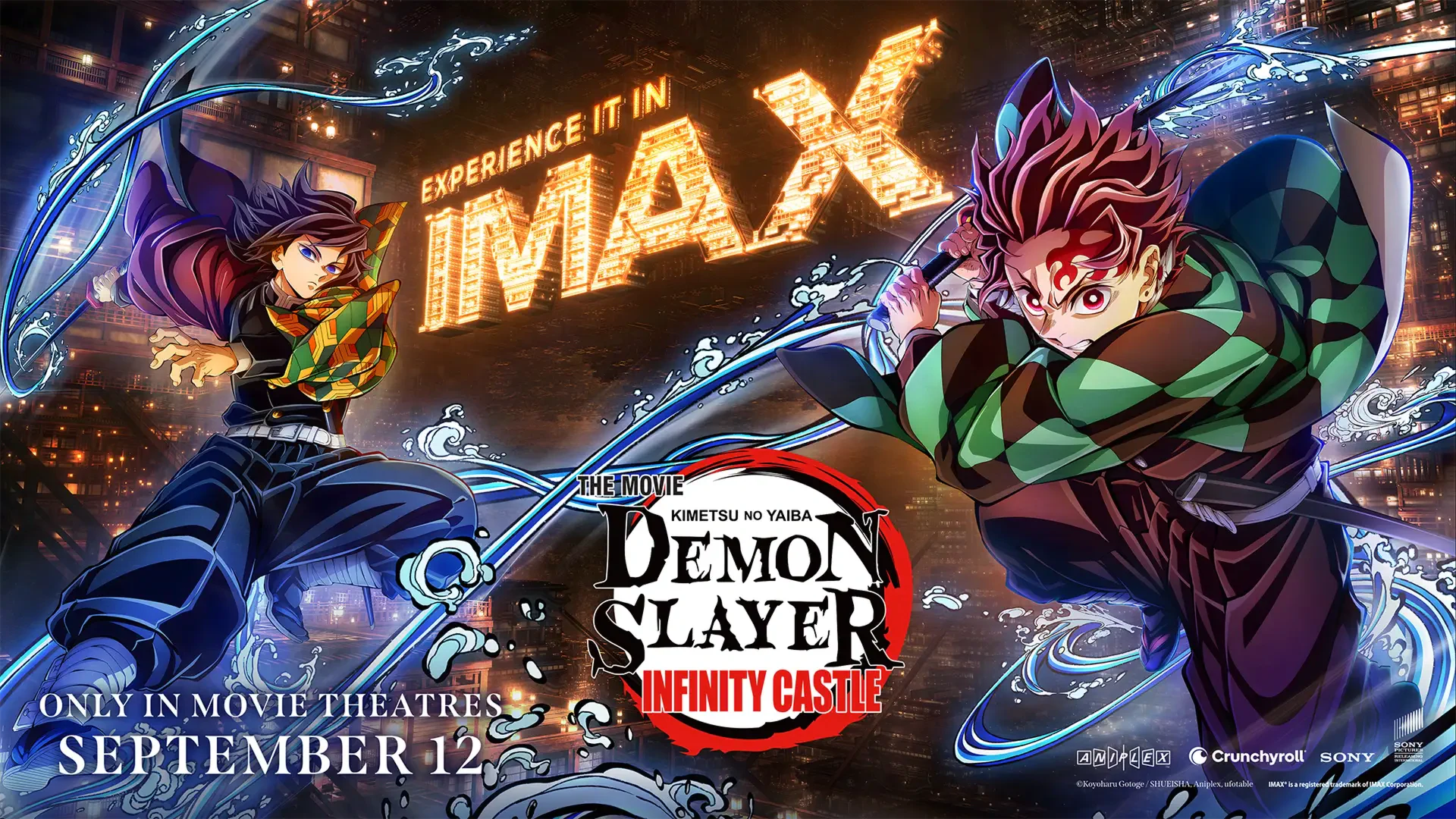 4K Ultra HD anime wallpaper featuring Demon Slayer: Kimetsu no Yaiba characters in dynamic battle scenes, promoting the movie Demon Slayer: Infinity Castle in IMAX.