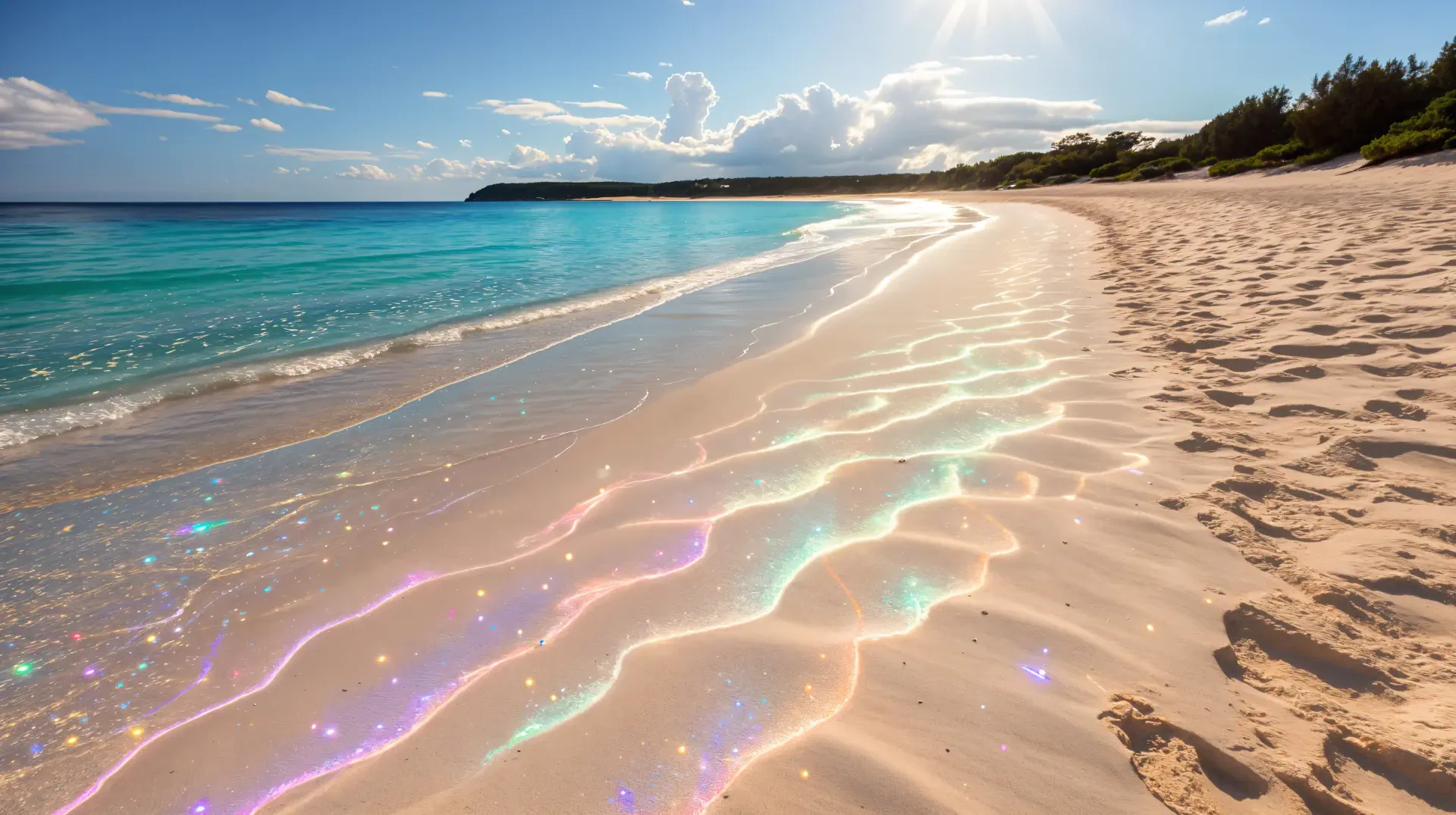 4K Ultra HD desktop wallpaper of a serene sandy beach with clear ocean waves gently lapping the shore under a bright blue sky.