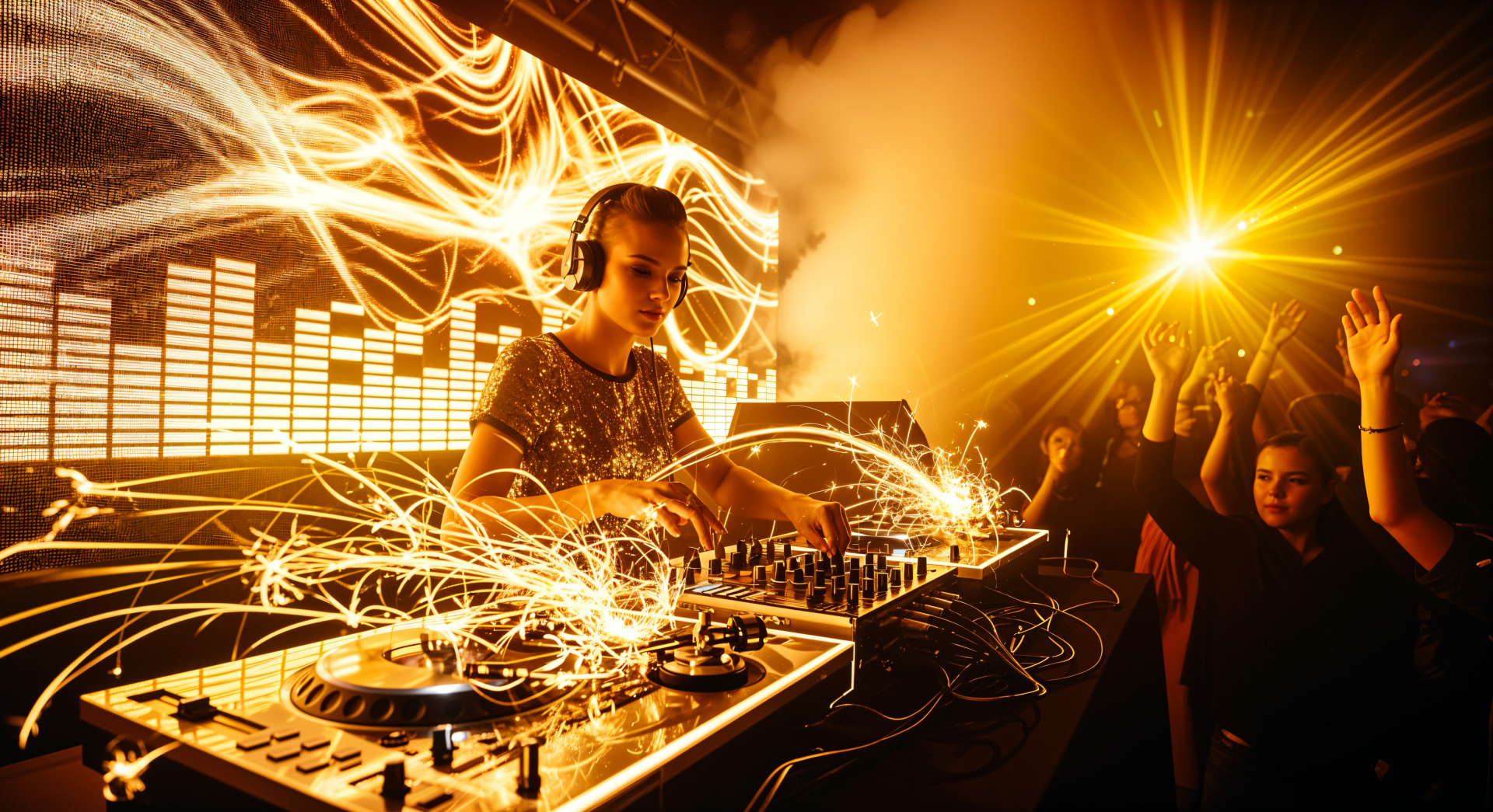 Vibrant 4K Ultra HD desktop wallpaper of a DJ performing live, surrounded by dynamic light effects and an energetic crowd at a night event.