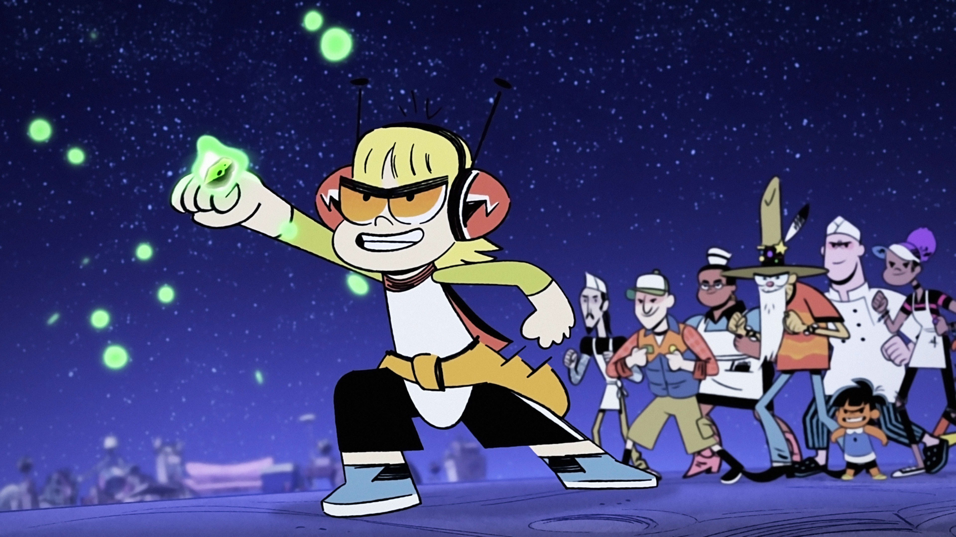 Kid Cosmic in an action pose with glowing fists, standing confidently under a starry night sky, featured in a vibrant 4K Ultra HD PC desktop wallpaper.