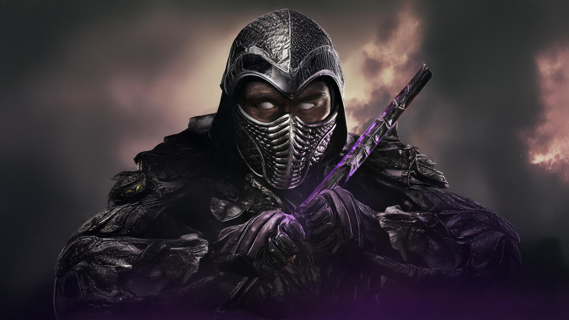 4K Ultra HD Mortal Kombat 2 (2025) PC desktop wallpaper featuring a detailed, armored ninja warrior holding a glowing sword against a smoky background.