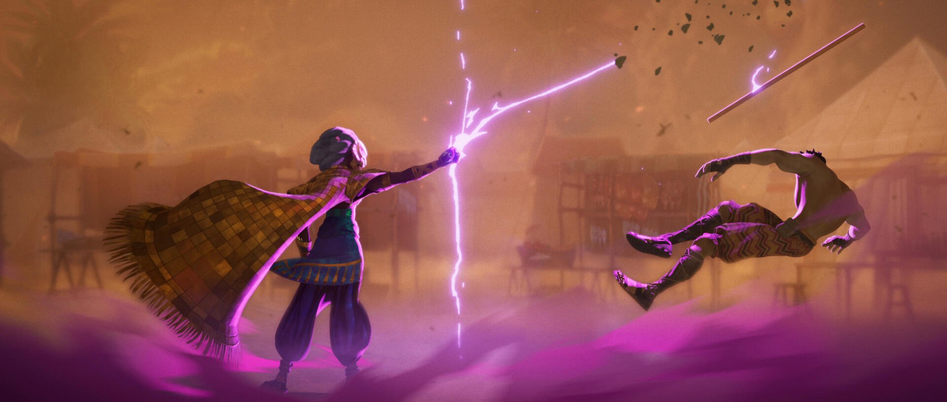 HD desktop wallpaper from the TV show Eyes of Wakanda, depicting a character casting a vivid purple lightning spell in a dramatic, mystical scene.