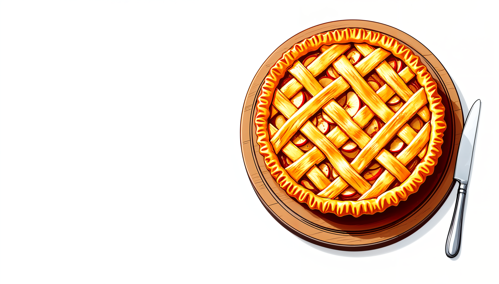 A vibrant 4K Ultra HD wallpaper featuring a detailed apple pie with a golden lattice crust on a wooden board beside a knife.