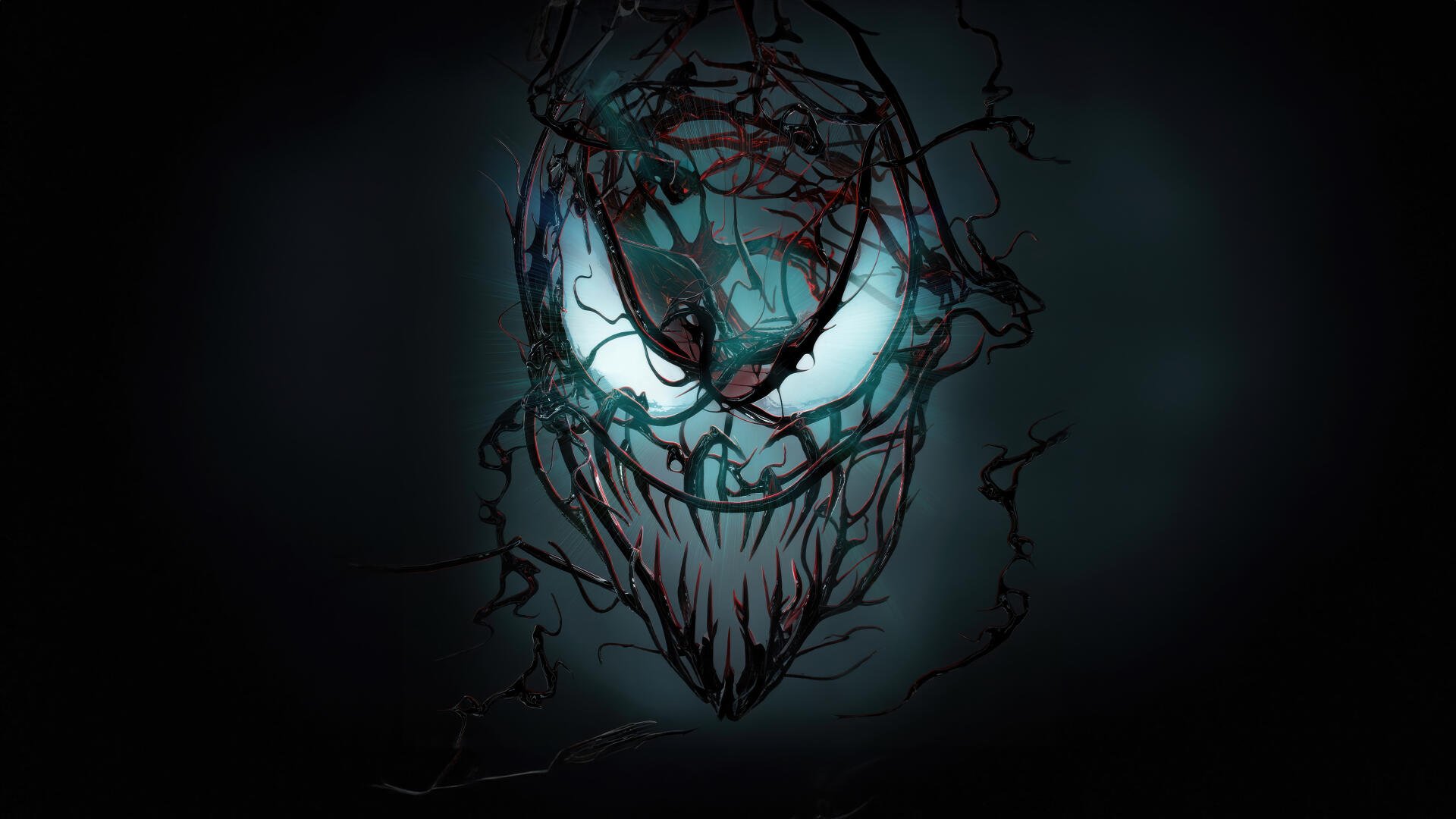 Venom's menacing face emerges from dark tendrils in this 8K Ultra HD PC desktop wallpaper from Venom: The Last Dance.