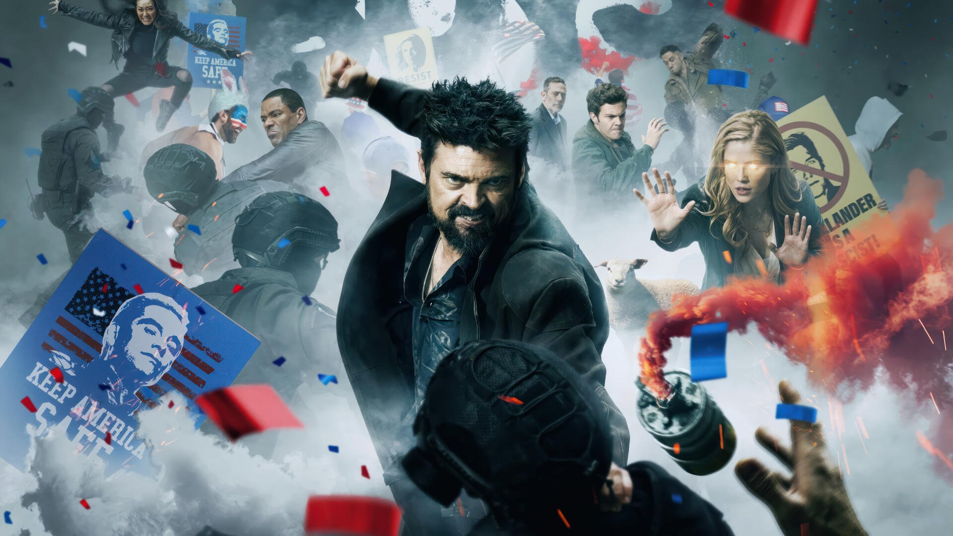 4K Ultra HD desktop wallpaper featuring intense action from The Boys (2019), with characters in dynamic poses amid smoke, confetti, and chaos.