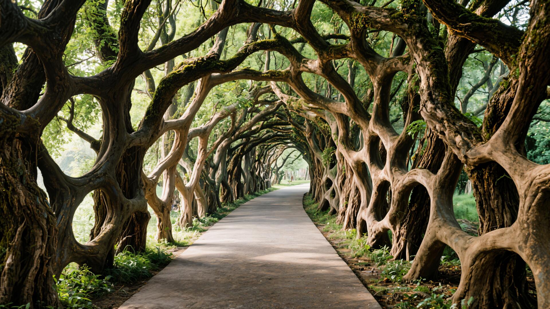 4K Ultra HD PC desktop wallpaper featuring a stunning tree tunnel with intertwined branches forming a natural arch over a paved pathway, bathed in soft sunlight.