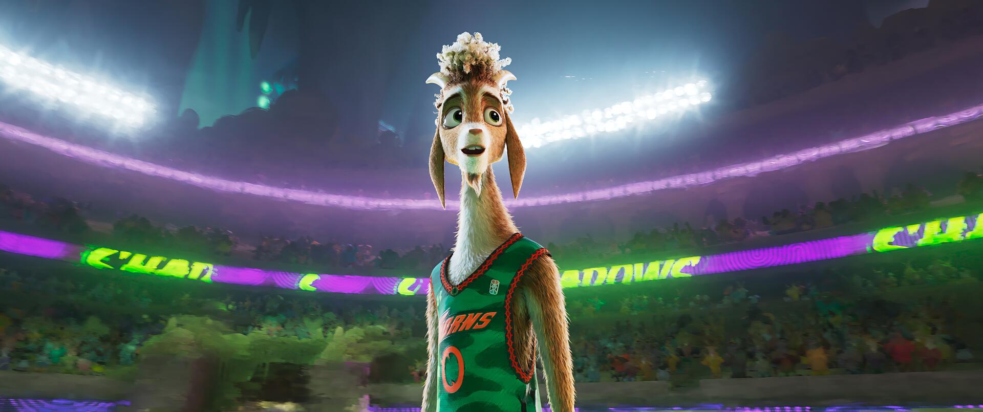 HD PC desktop wallpaper featuring an animated goat character in a basketball jersey from the movie Goat (2026), set in a vibrant stadium background.