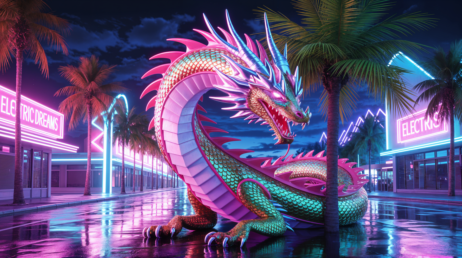 A vibrant neon dragon coils through a futuristic city street at night, illuminated by glowing palm trees and bright electric signs in this 4K Ultra HD PC desktop wallpaper.