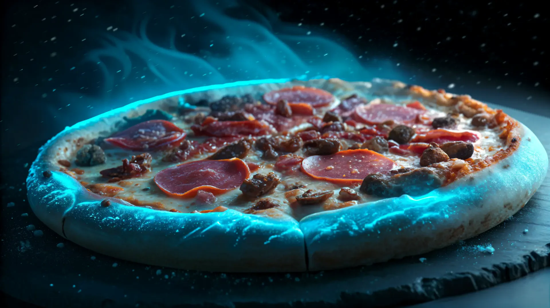 A sizzling meat lovers pizza with pepperoni, sausage, and bacon, captured in stunning 4K Ultra HD, designed as a vibrant PC desktop wallpaper and background.