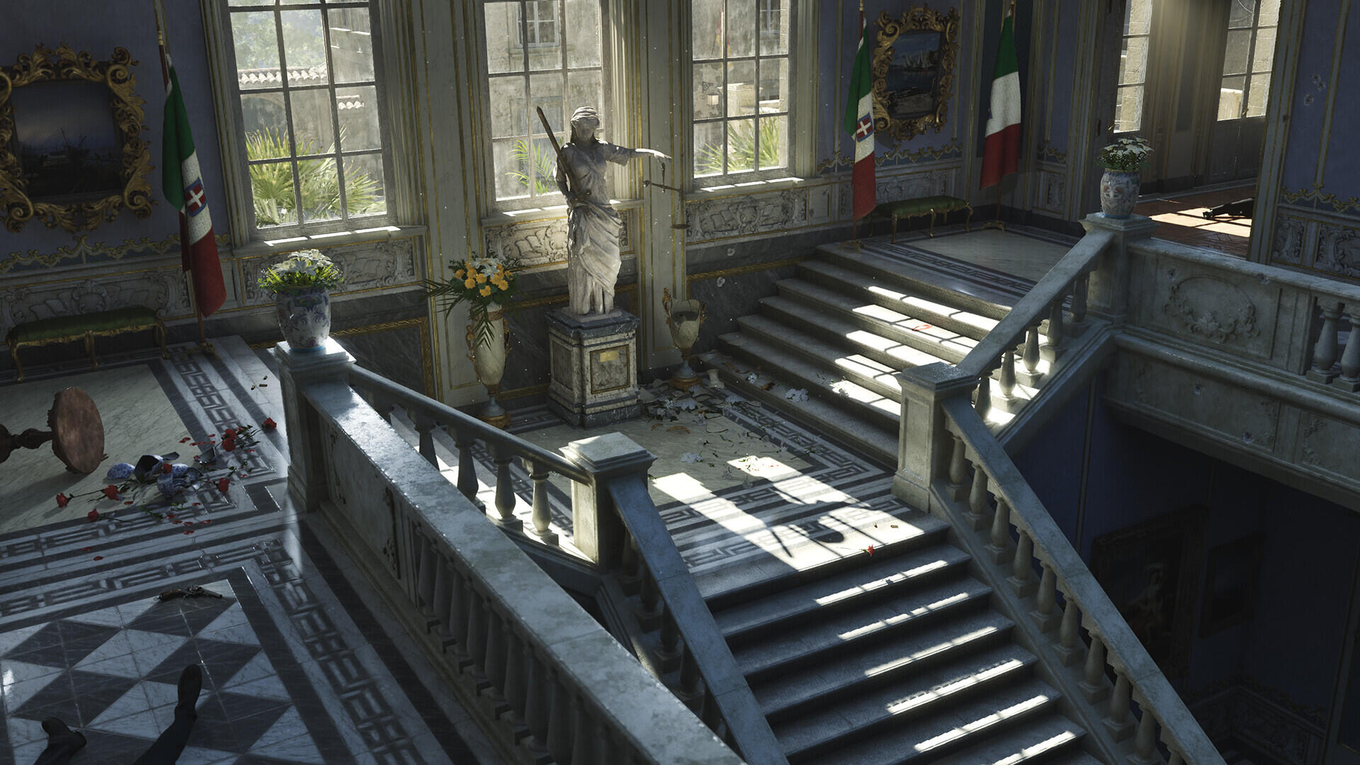 HD PC desktop wallpaper featuring a marble staircase and statue from the video game Mafia: The Old Country, showcasing detailed architecture and ambient lighting.