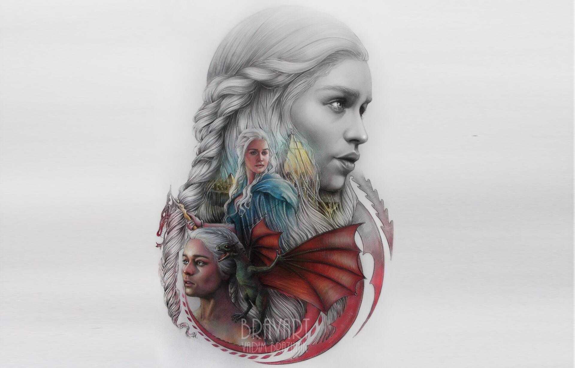 HD Game of Thrones PC desktop wallpaper featuring multiple Daenerys Targaryen portraits intertwined with dragon imagery on a light background.