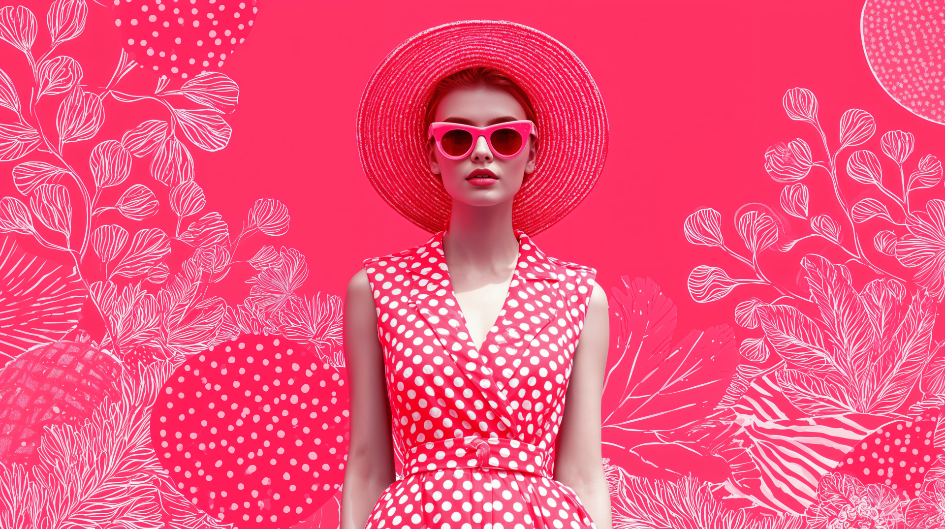 Woman in vibrant summer fashion with a polka dot dress, matching hat, and sunglasses against a detailed pink floral background, captured in 4K Ultra HD for desktop wallpaper.