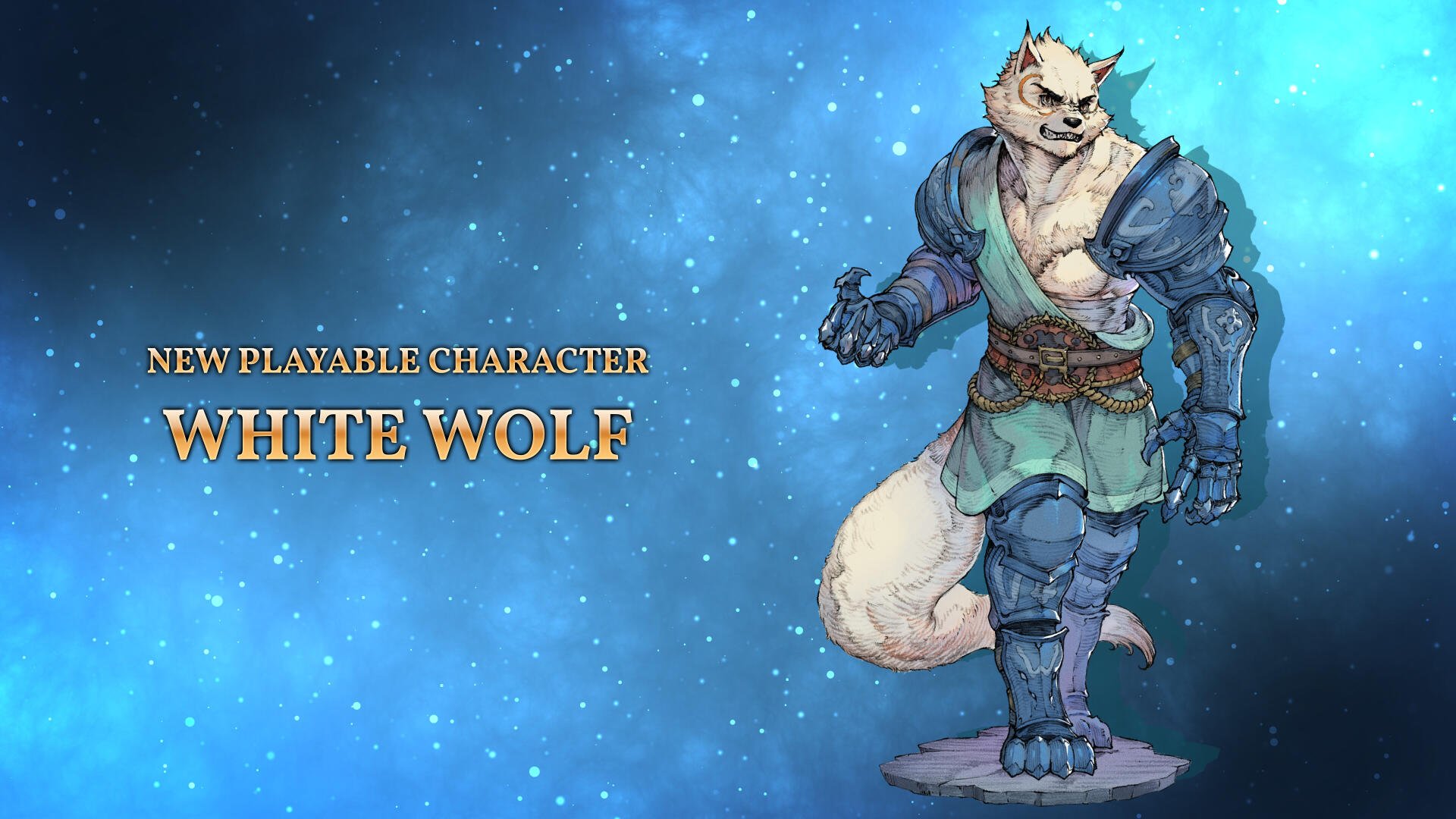 4K Ultra HD PC wallpaper featuring White Wolf, a new playable gaming character from Chained Echoes: Ashes of Elrant, set against a blue, starry background.