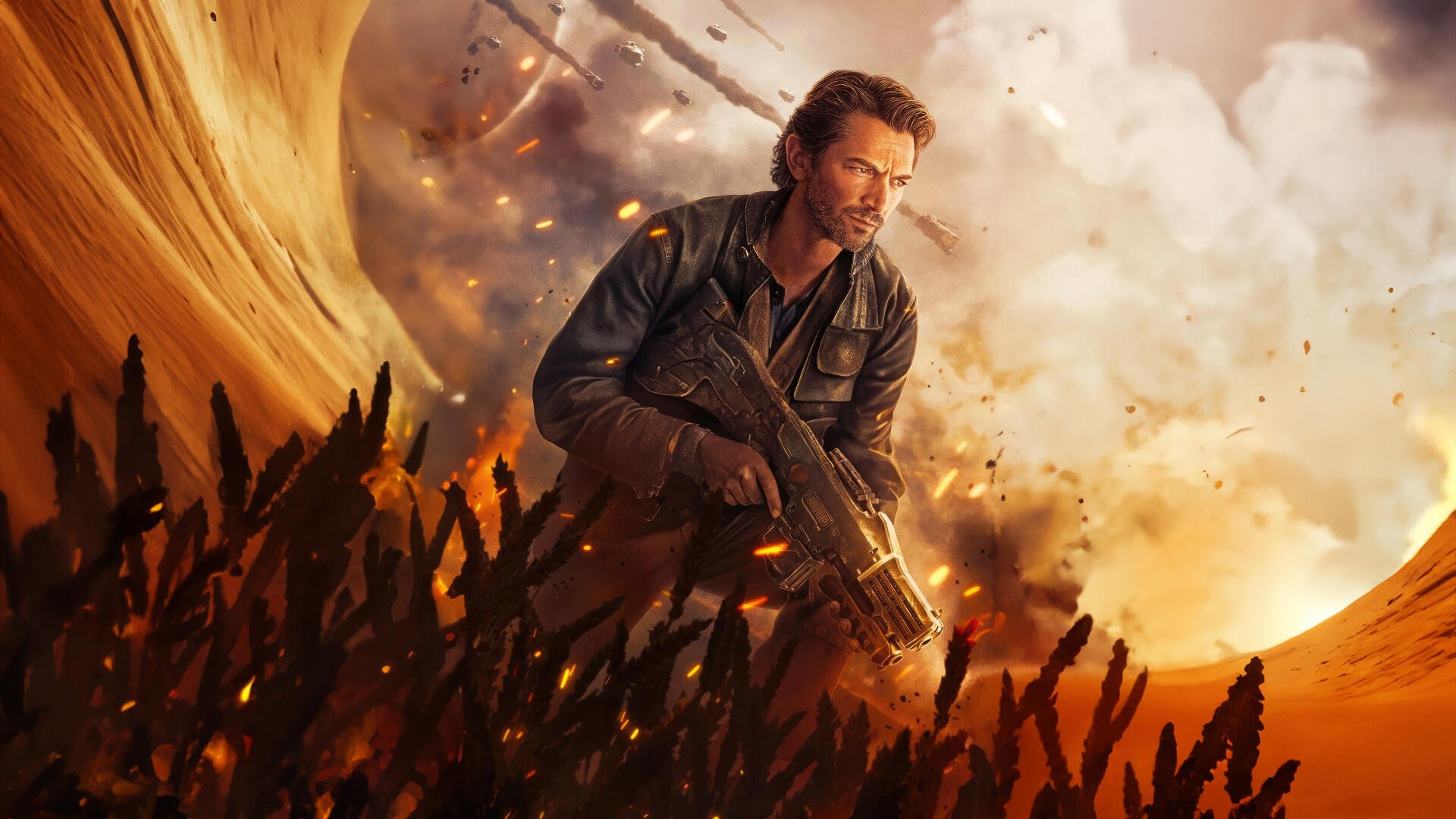 Rebel Moon - Part Two: The Scargiver 4K Ultra HD PC wallpaper featuring a rugged character with a gun against a fiery, smoky desert backdrop.