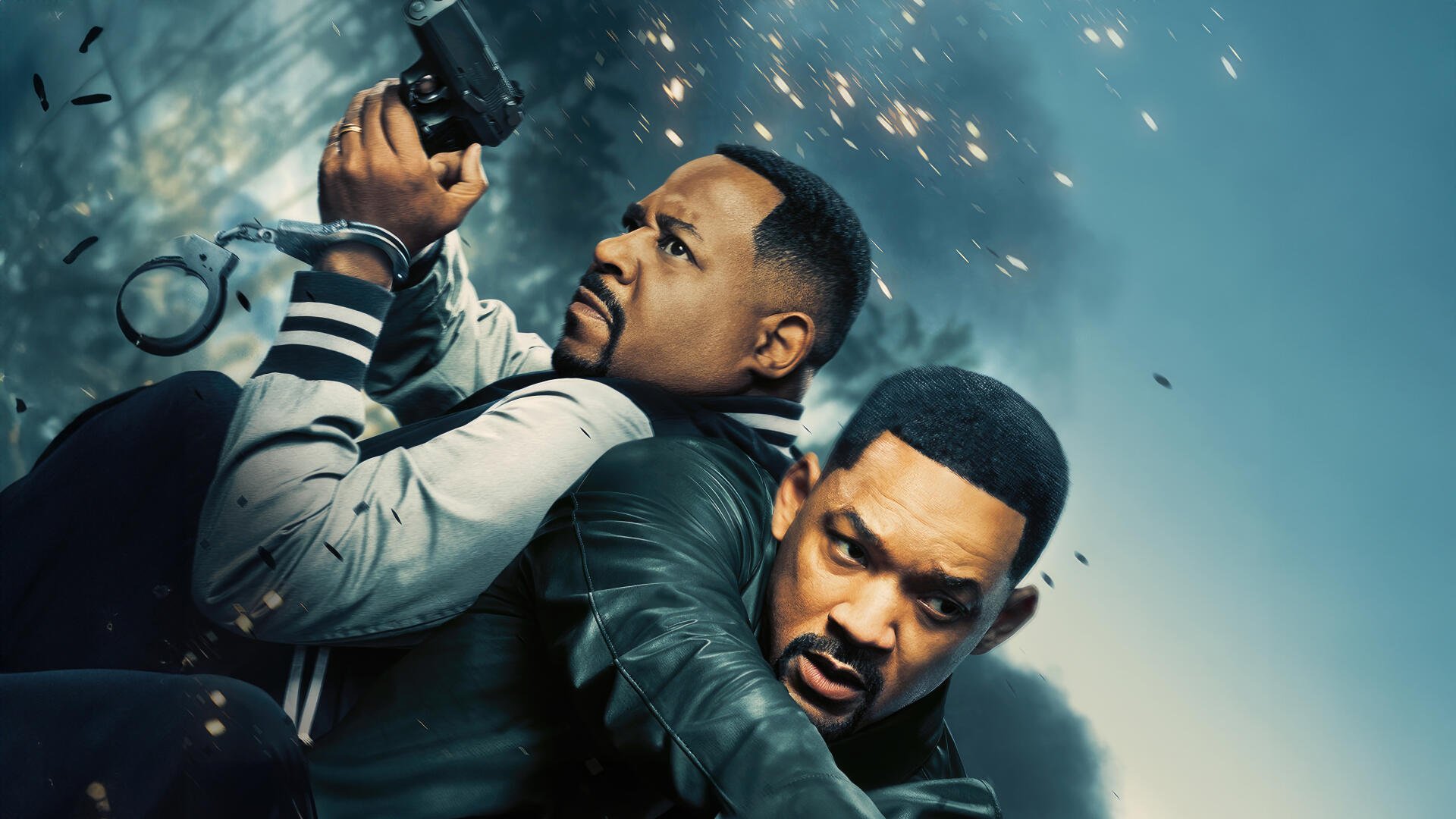 4K Ultra HD PC desktop wallpaper featuring intense action from Bad Boys: Ride or Die, showcasing two armed men in a dynamic, smoky scene.