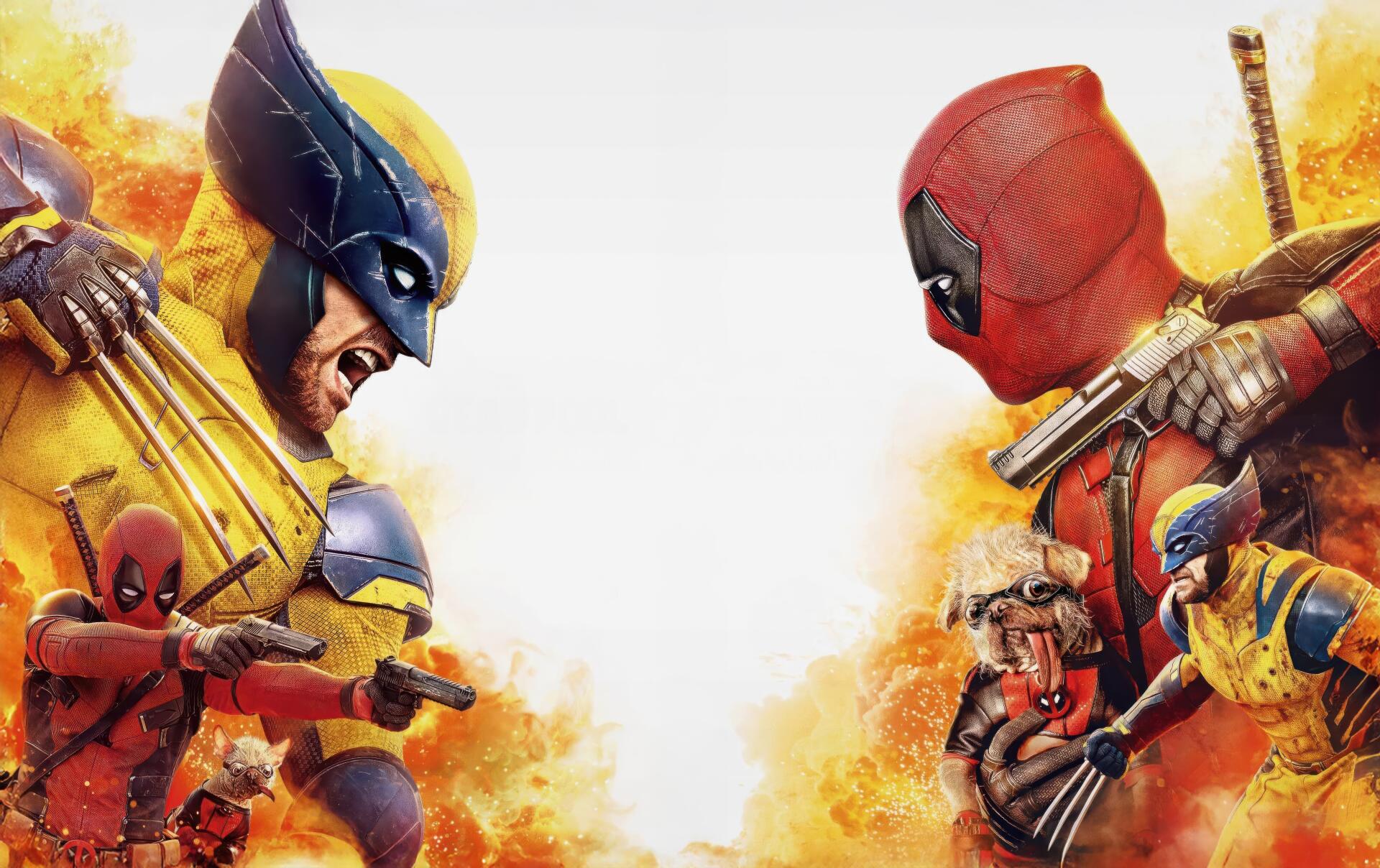 4K Ultra HD PC desktop wallpaper featuring Deadpool and Wolverine facing off with vibrant orange and yellow fiery background.