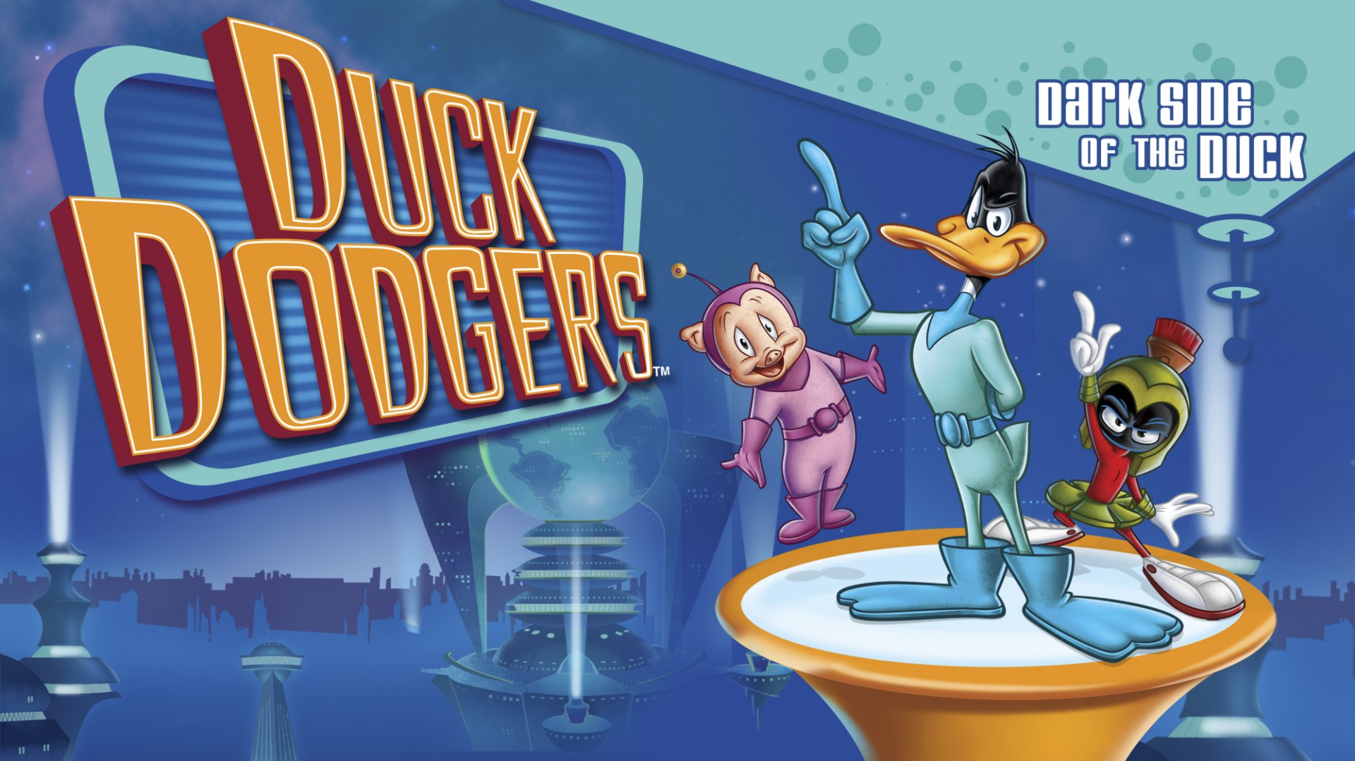 HD PC desktop wallpaper featuring Duck Dodgers and characters in a space-themed setting with the title Dark Side of the Duck.