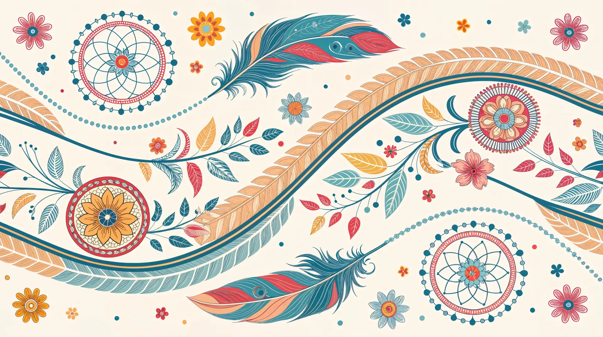 Boho pattern of flowing feathers, floral swirls and dreamcatcher motifs in teal, coral and mustard on cream — 4K Ultra HD PC desktop wallpaper and background.