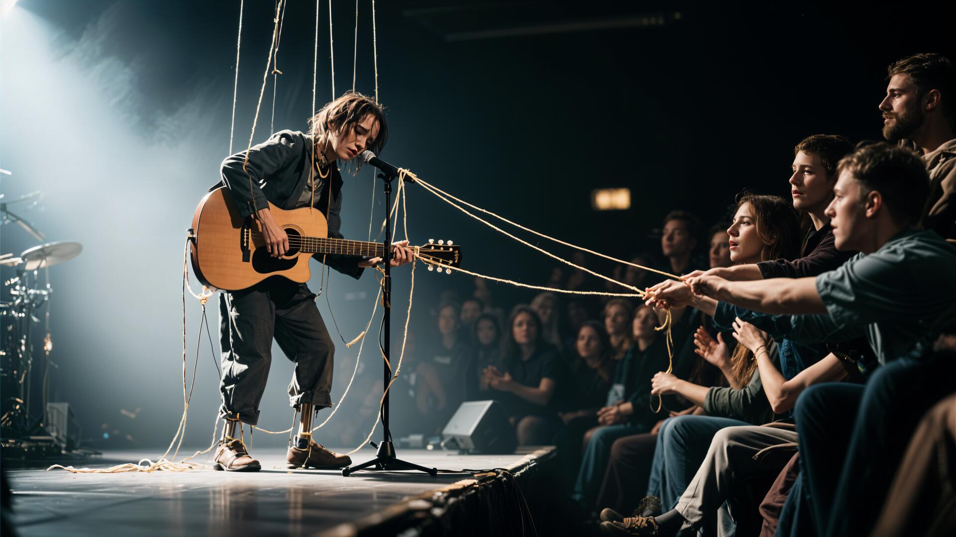 4K Ultra HD PC desktop wallpaper of a musician playing acoustic guitar onstage during a live performance, strings linking the performer to an engaged front-row audience.