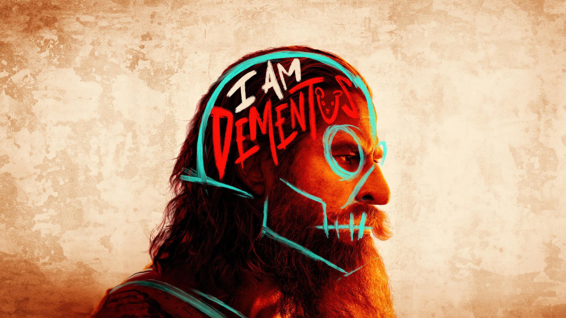 Side-profile portrait with neon skeletal face paint and I AM DEMENTED scrawled on the scalp, inspired by Furiosa: A Mad Max Saga — 8K Ultra HD PC desktop wallpaper and background.