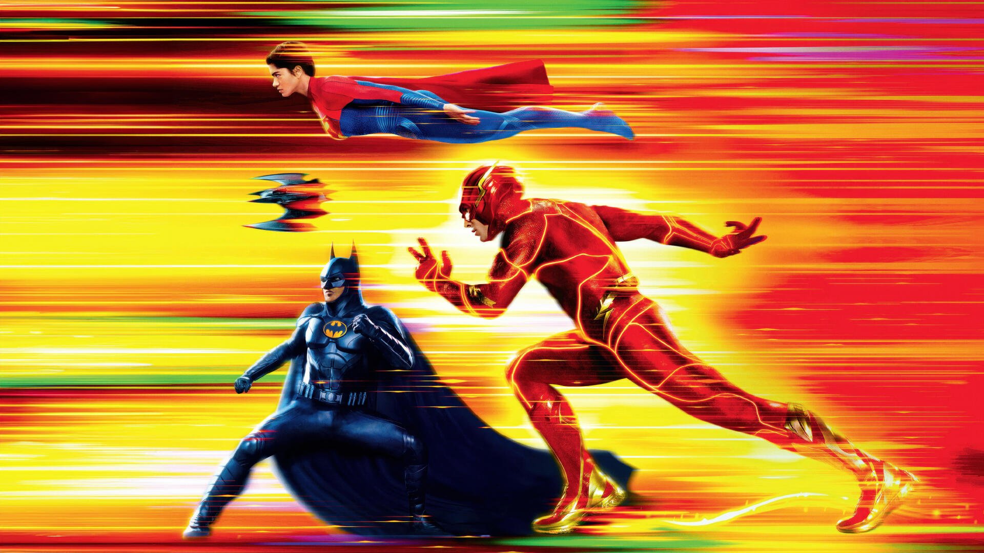 The Flash (2023) 4K Ultra HD PC desktop wallpaper and background — Flash racing in red-yellow speed trails, Batman braced below and Superman soaring above.