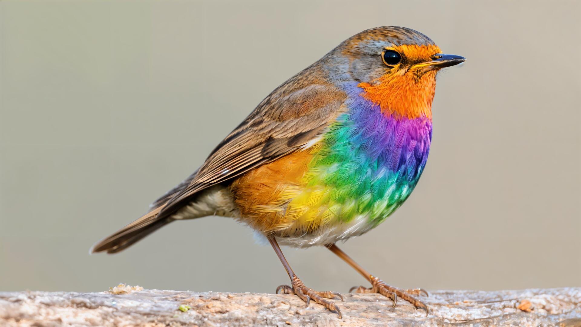 4K Ultra HD PC desktop wallpaper: close-up of a robin with vivid rainbow plumage perched on a branch against a soft neutral background.