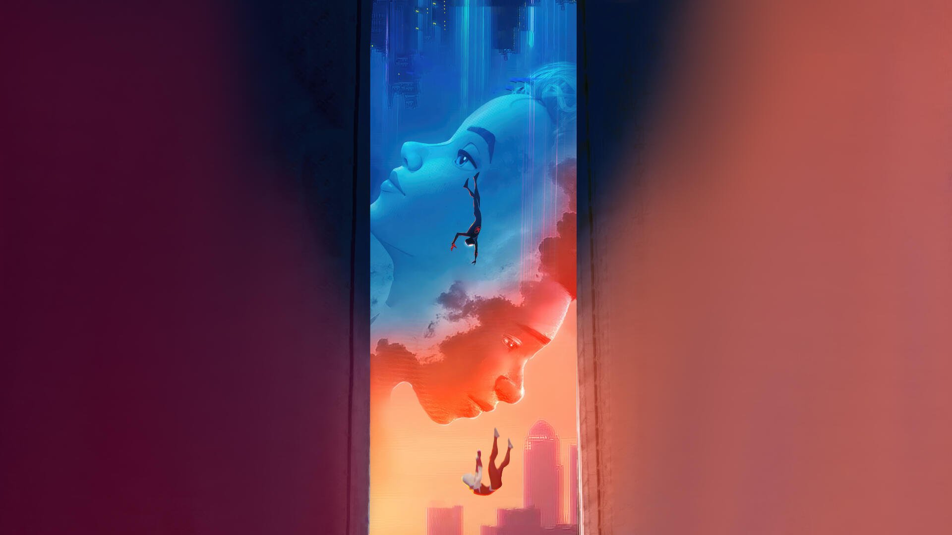 Spider-Man: Across the Spider-Verse 4K Ultra HD PC desktop wallpaper — two Spider-heroes diving through a vertical city-portal framed by glowing orange and blue cloudscapes.