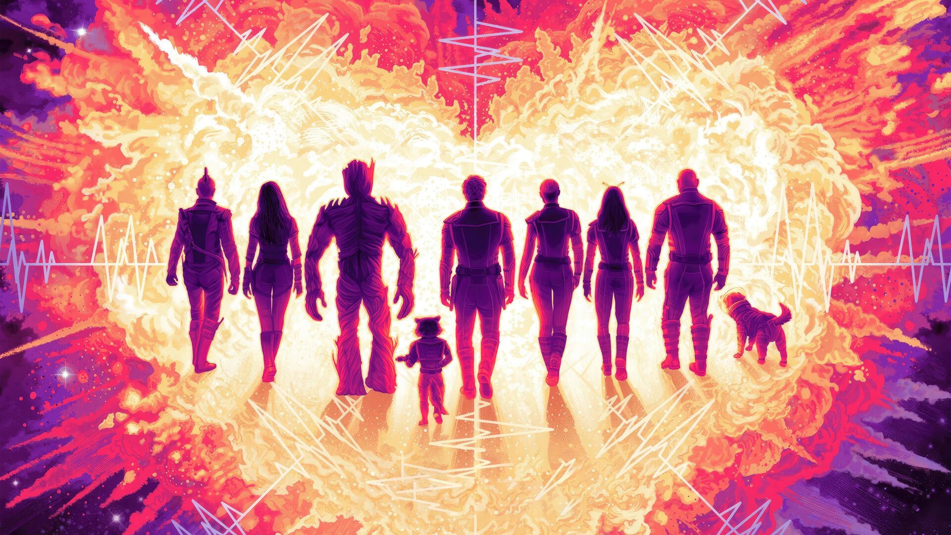 Guardians of the Galaxy Vol. 3 4K Ultra HD PC desktop wallpaper and background: silhouetted Guardians and Rocket stride toward the viewer before a blazing heart-shaped explosion in vivid pinks and oranges.