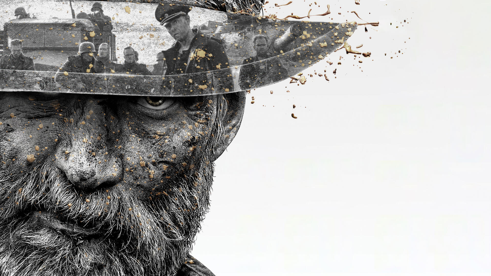 Sisu 4K Ultra HD PC desktop wallpaper: gritty close-up of a bearded soldier's weathered face and helmet, fragments scattering into a pale background.