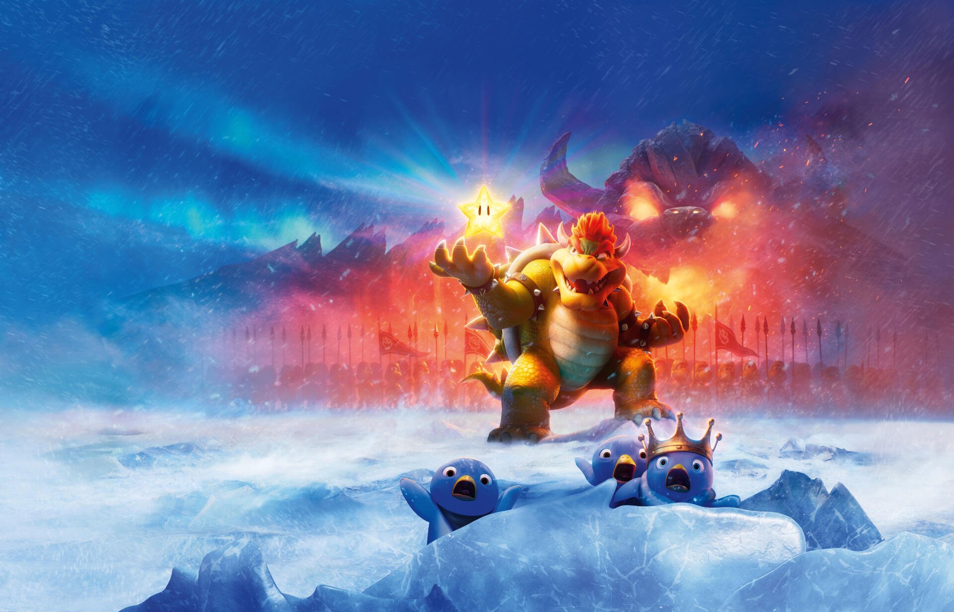 Bowser clutching a glowing star on a snowy ridge with ice minions below, a burning city and aurora sky behind — Super Mario Bros. (2023) 8K Ultra HD PC desktop wallpaper and background.