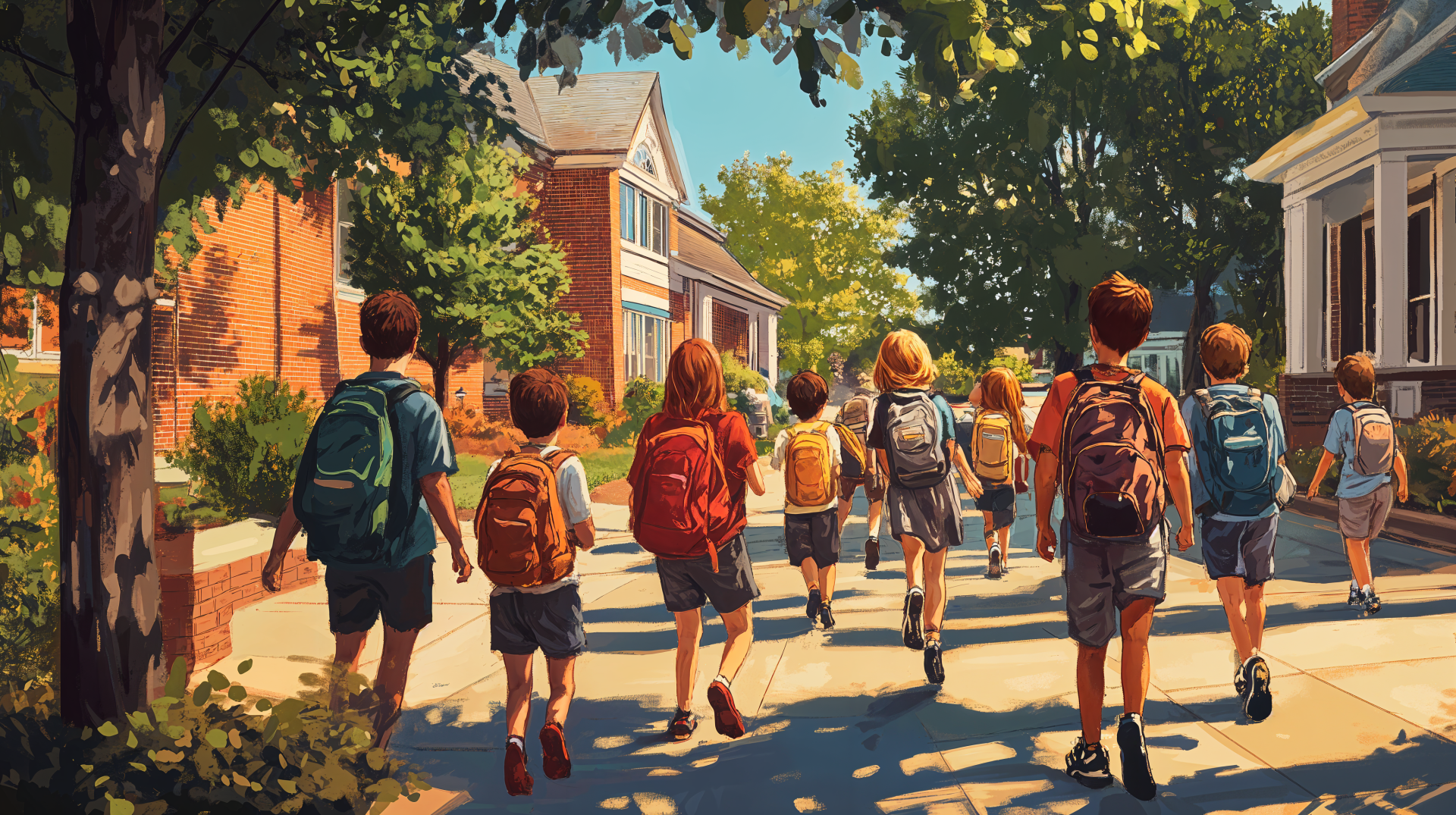 4K Ultra HD PC desktop wallpaper: colorful illustration of children with backpacks walking through a tree-lined neighborhood on the first day of school (back to school).
