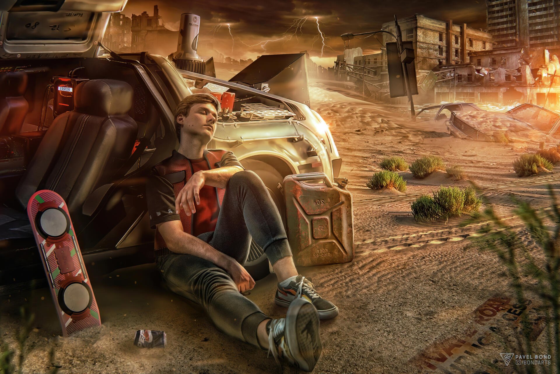 Back To The Future 4K Ultra HD PC desktop wallpaper and background: a young man leans against the DeLorean's open gull‑wing door, skateboard beside him in a dusty, sunlit roadside ruin.