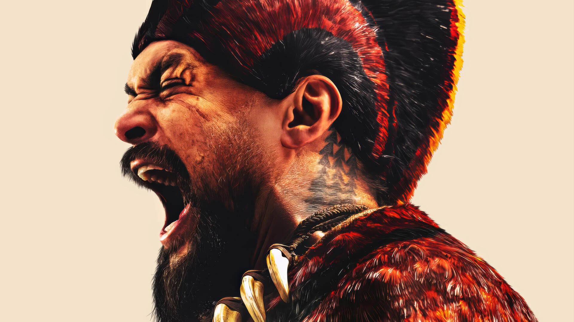 4K Ultra HD PC desktop wallpaper of a roaring Chief of War in a tribal headdress and fur armor — close-up painted face, open mouth and teeth, dramatic side lighting.